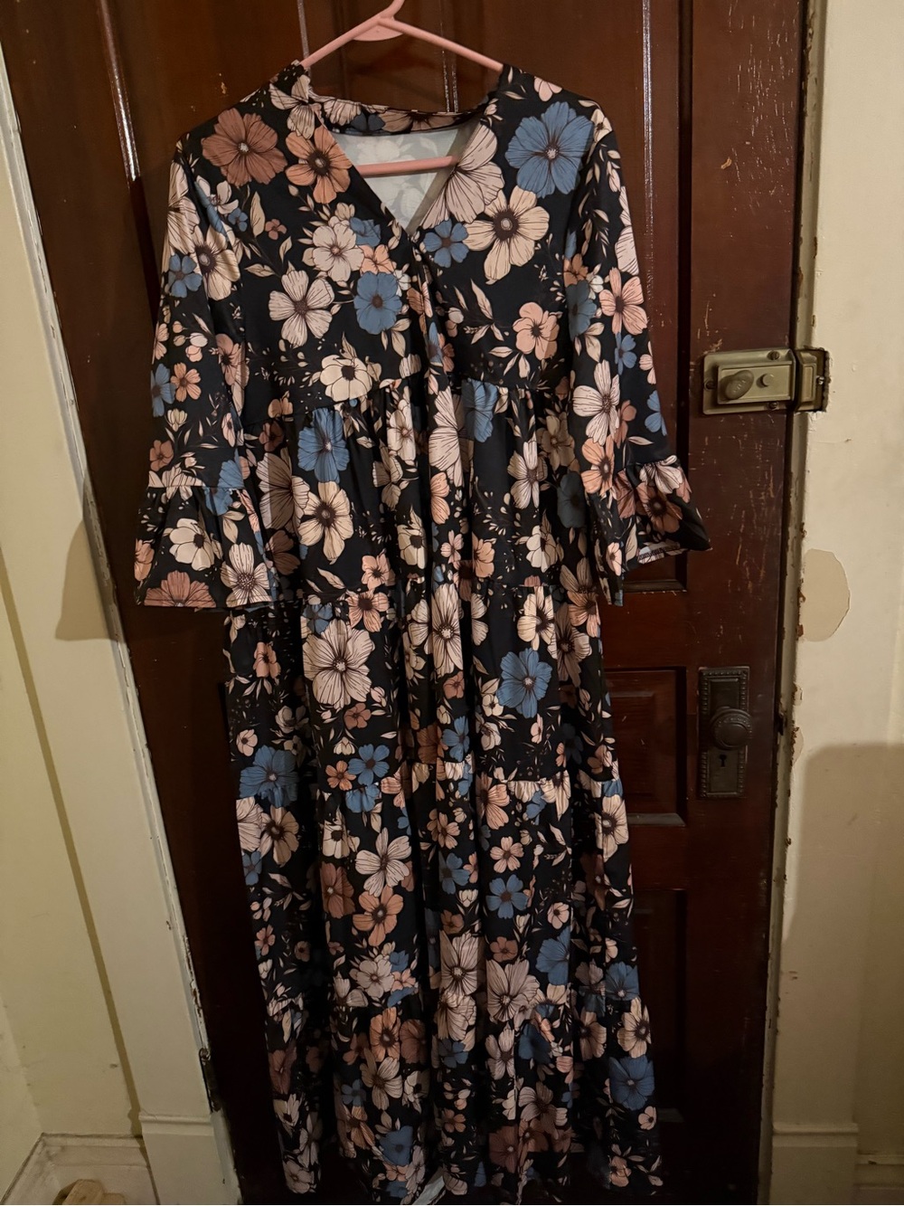 Floral Tiered Maxi Dress - Black with Blue & Blush Flowers
